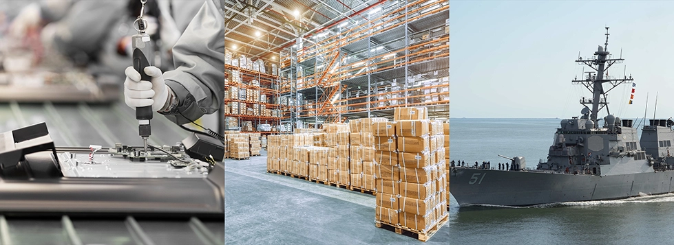 A photo of an assembly line, a warehouse, and a U.S. Navy warship, to indicate the products, processes, and markets served by Baker and Associates, Inc.